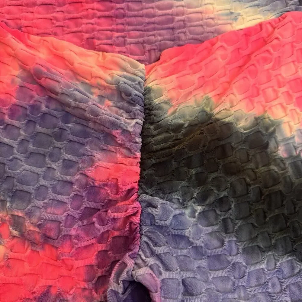 AQ-SPORT 2 Pc Matching Workout Set Sports Bra Biker Shorts Tie Dye Honeycomb M